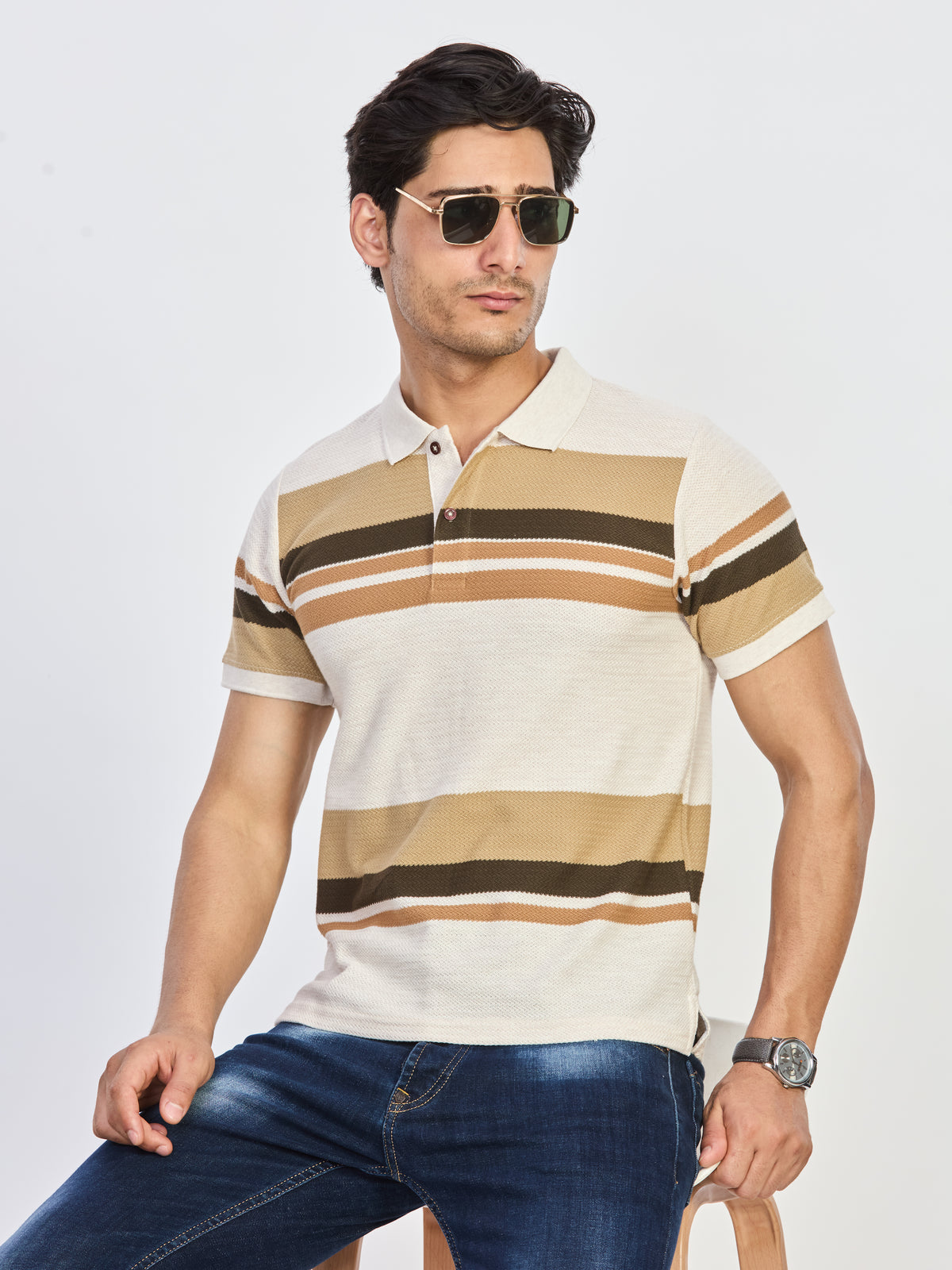 Beige & Brown Striped Polo T-Shirt