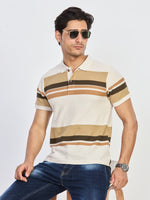 Beige & Brown Striped Polo T-Shirt