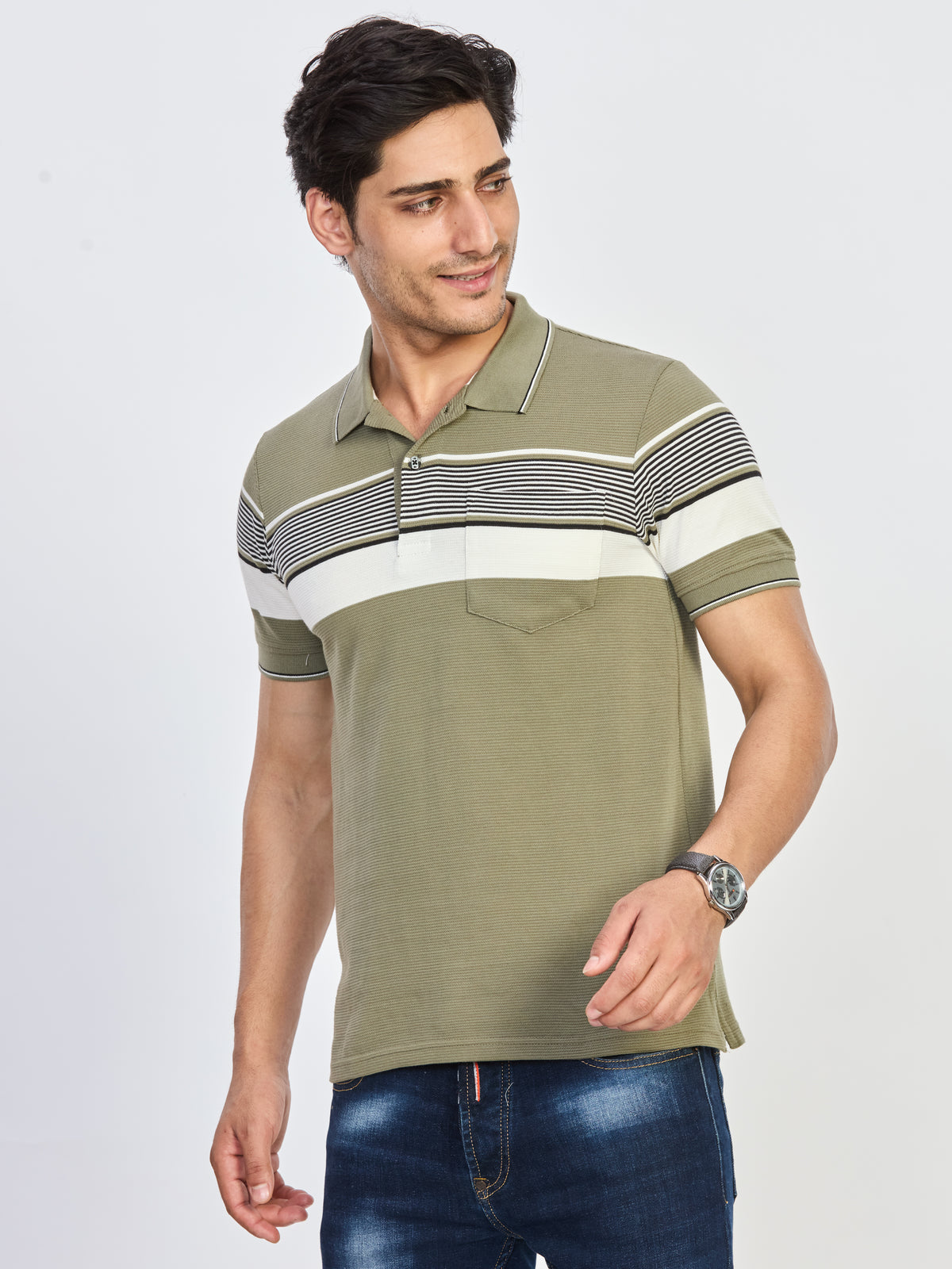 Green Contrast Stripe Polo T-Shirt
