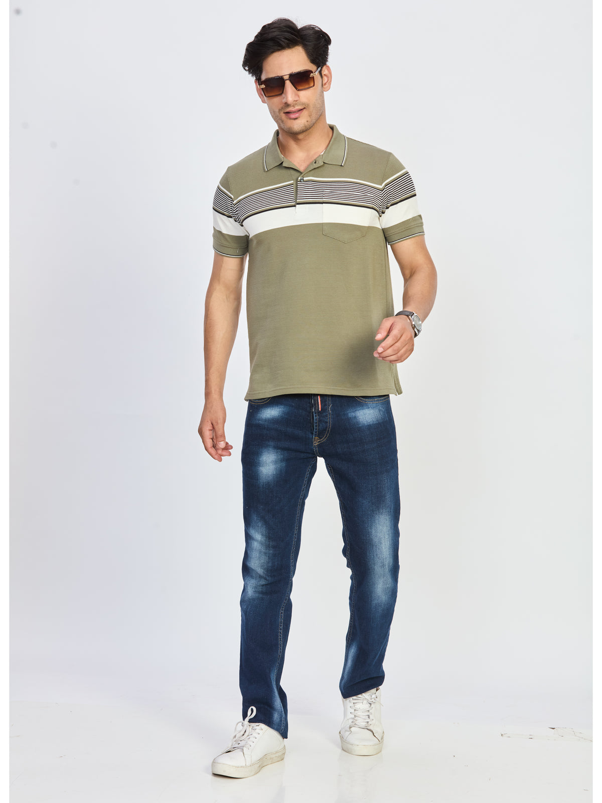 Green Contrast Stripe Polo T-Shirt
