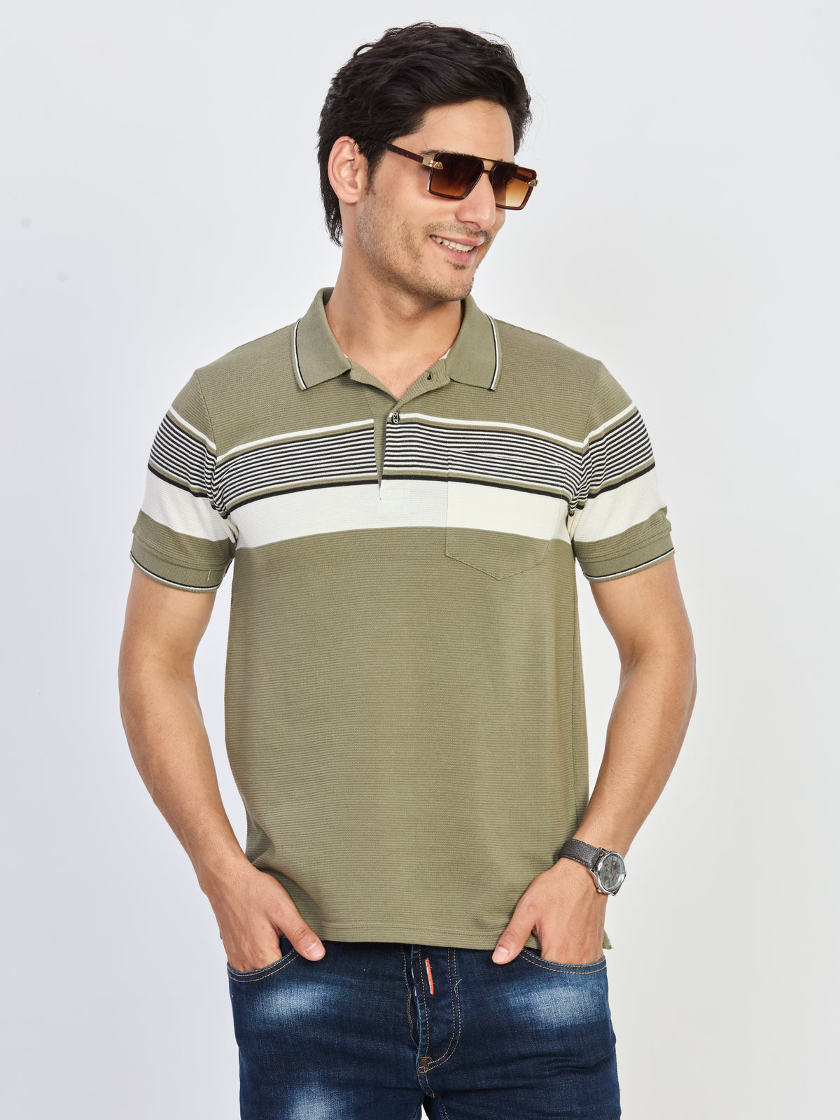 Green Contrast Stripe Polo T-Shirt