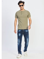 Green Textured Henley Neck Half Sleeve T-Shirt
