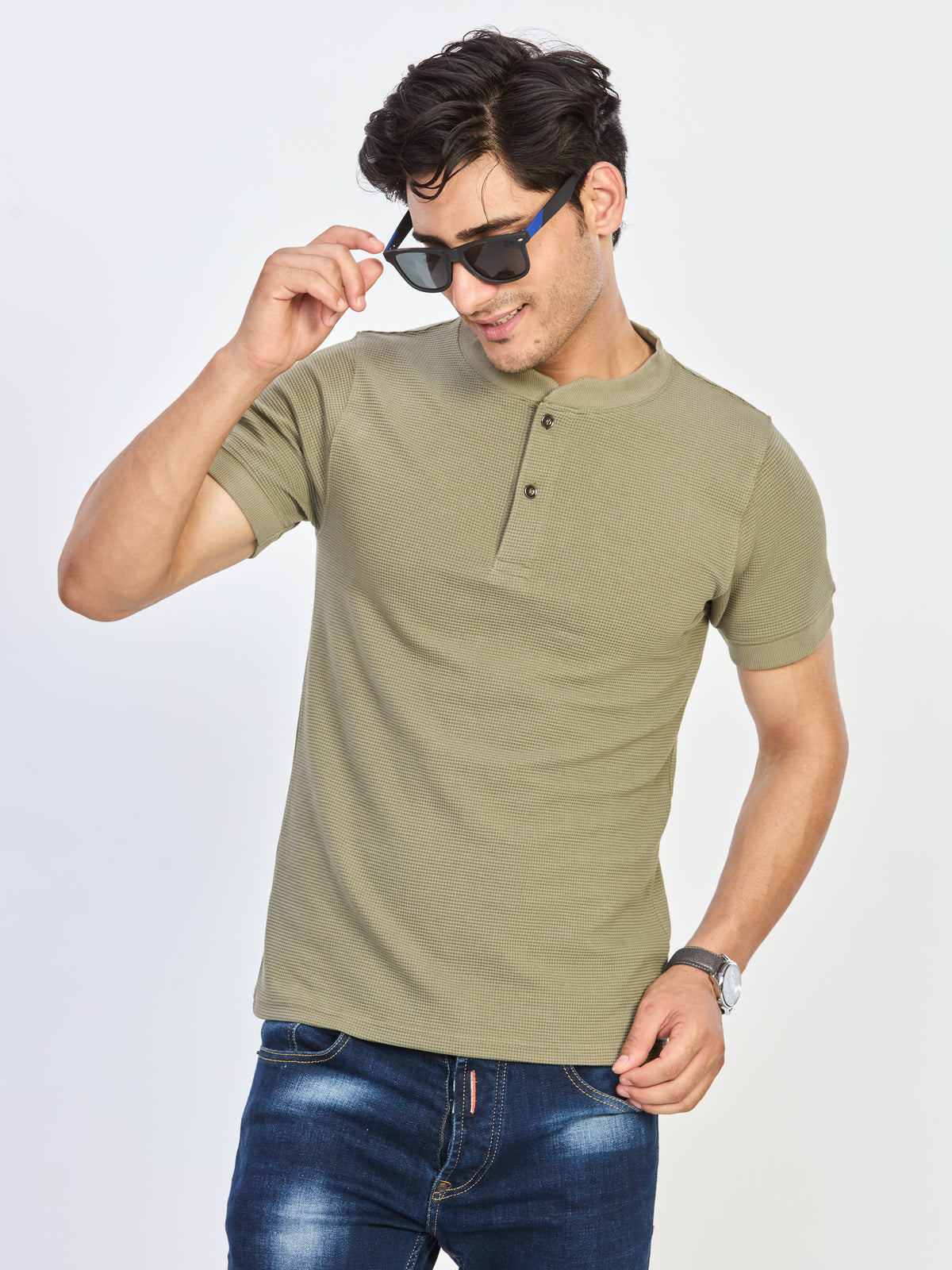 Green Textured Henley Neck Half Sleeve T-Shirt