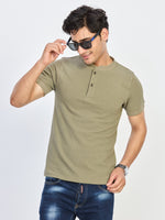 Green Textured Henley Neck Half Sleeve T-Shirt
