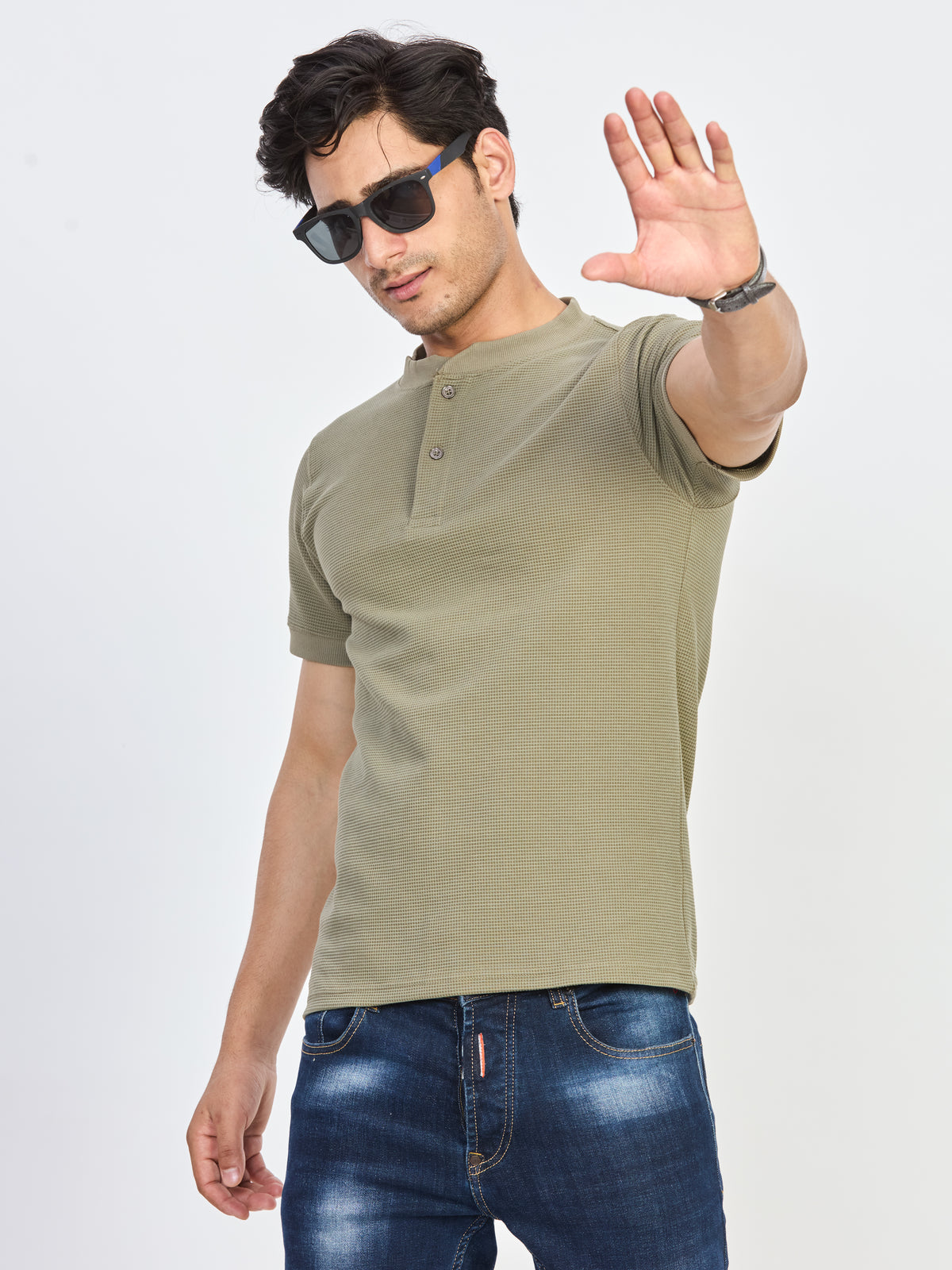 Green Textured Henley Neck Half Sleeve T-Shirt