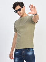 Green Textured Henley Neck Half Sleeve T-Shirt
