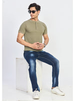 Green Textured Henley Neck Half Sleeve T-Shirt