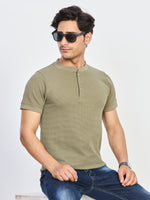 Green Textured Henley Neck Half Sleeve T-Shirt