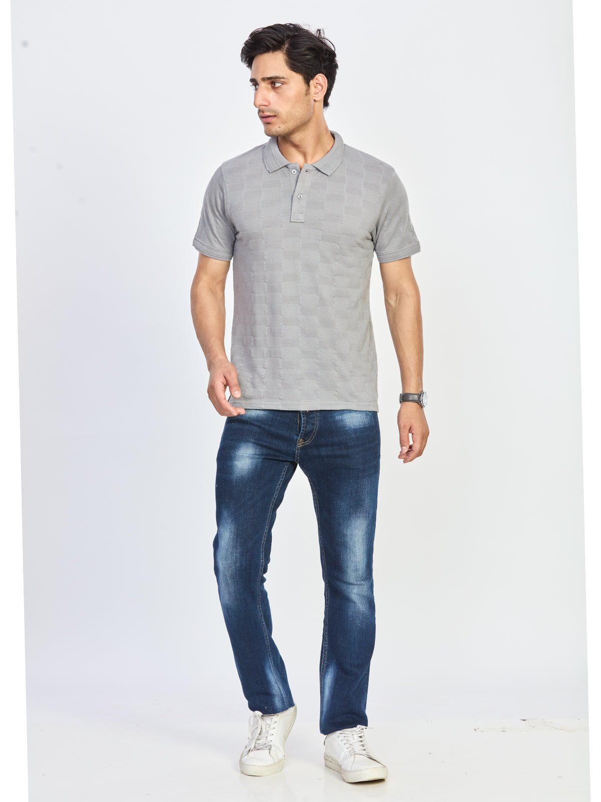 Grey Textured Polo T-Shirt
