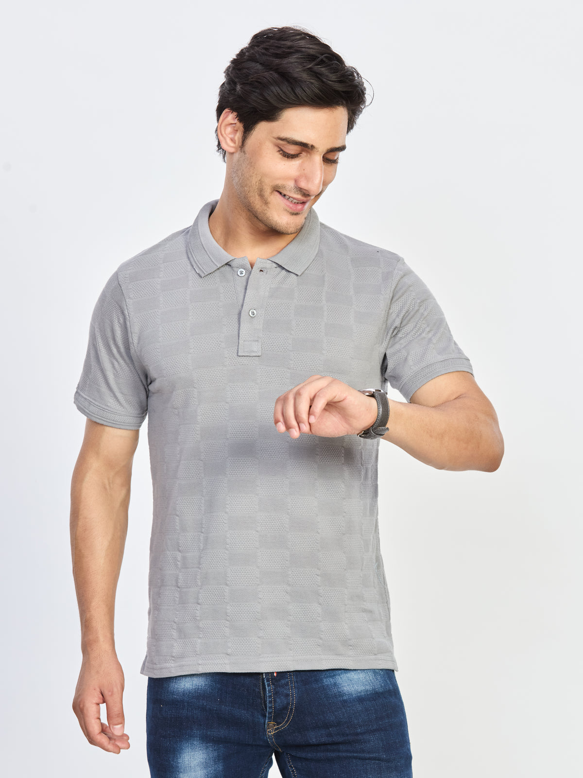 Grey Textured Polo T-Shirt