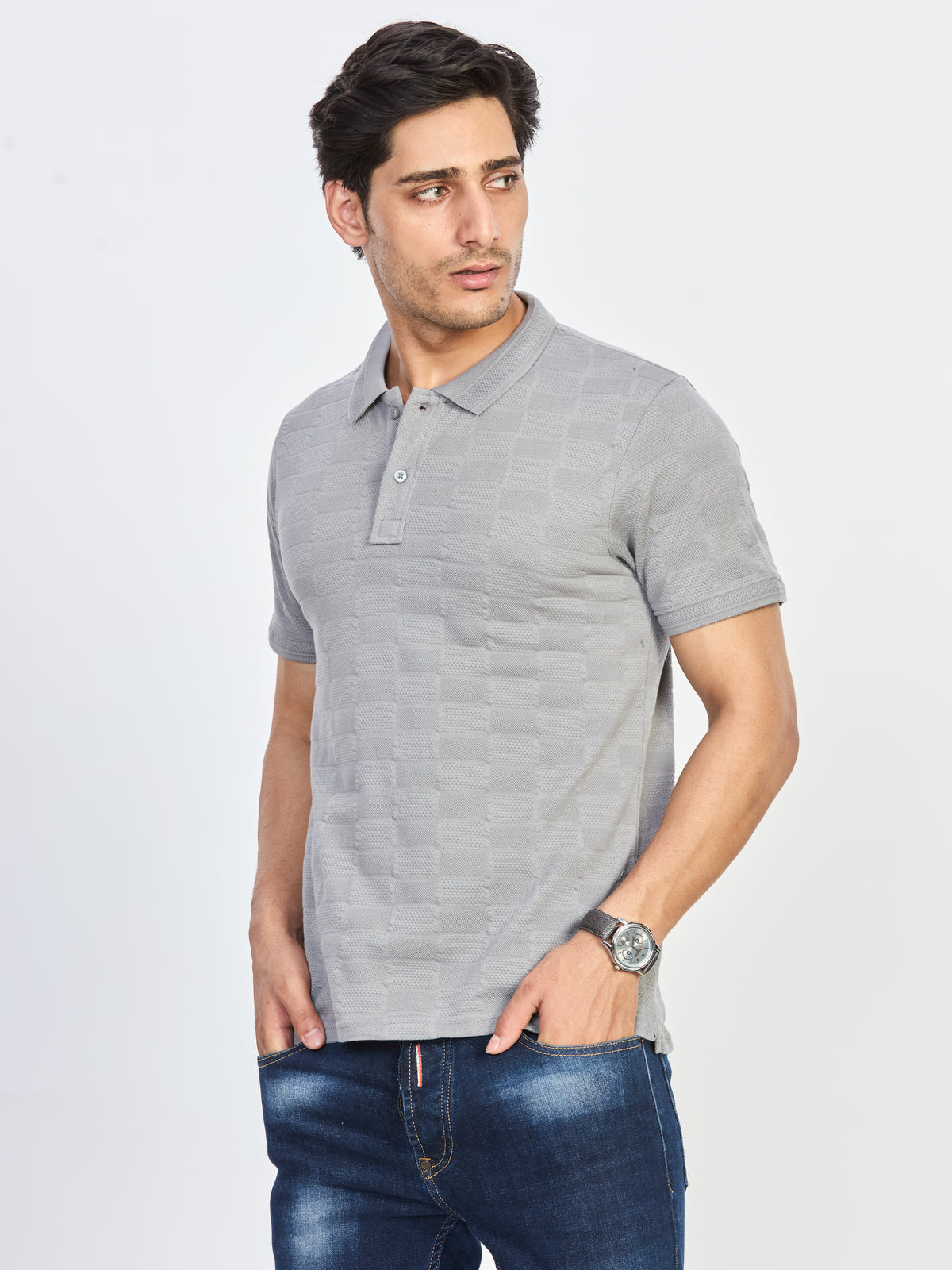 Grey Textured Polo T-Shirt