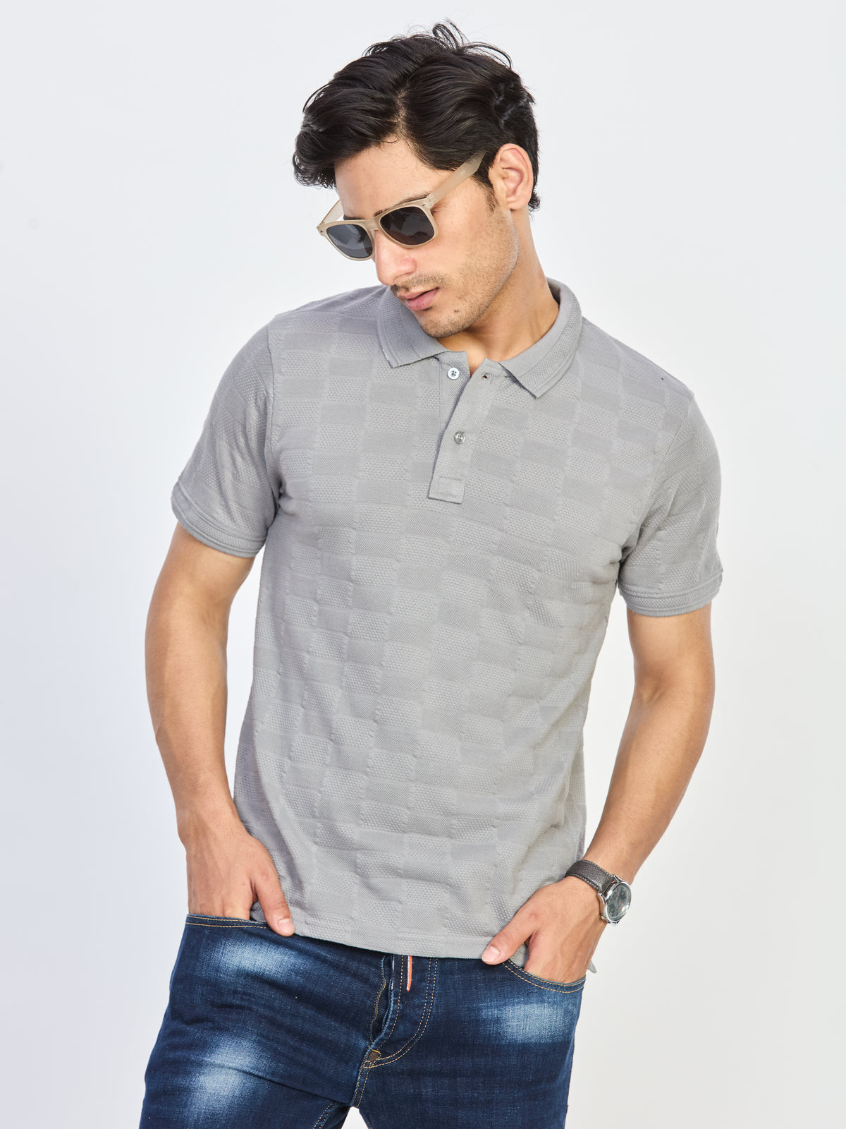 Grey Textured Polo T-Shirt