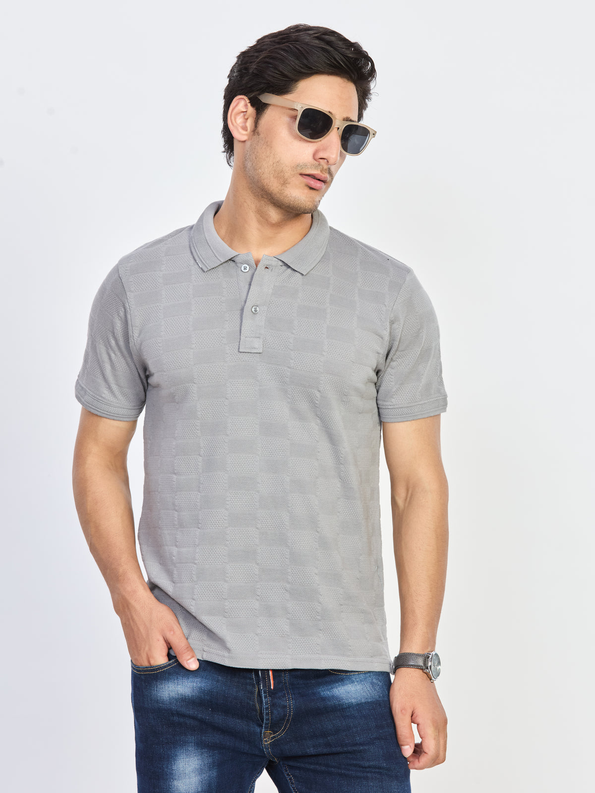 Grey Textured Polo T-Shirt