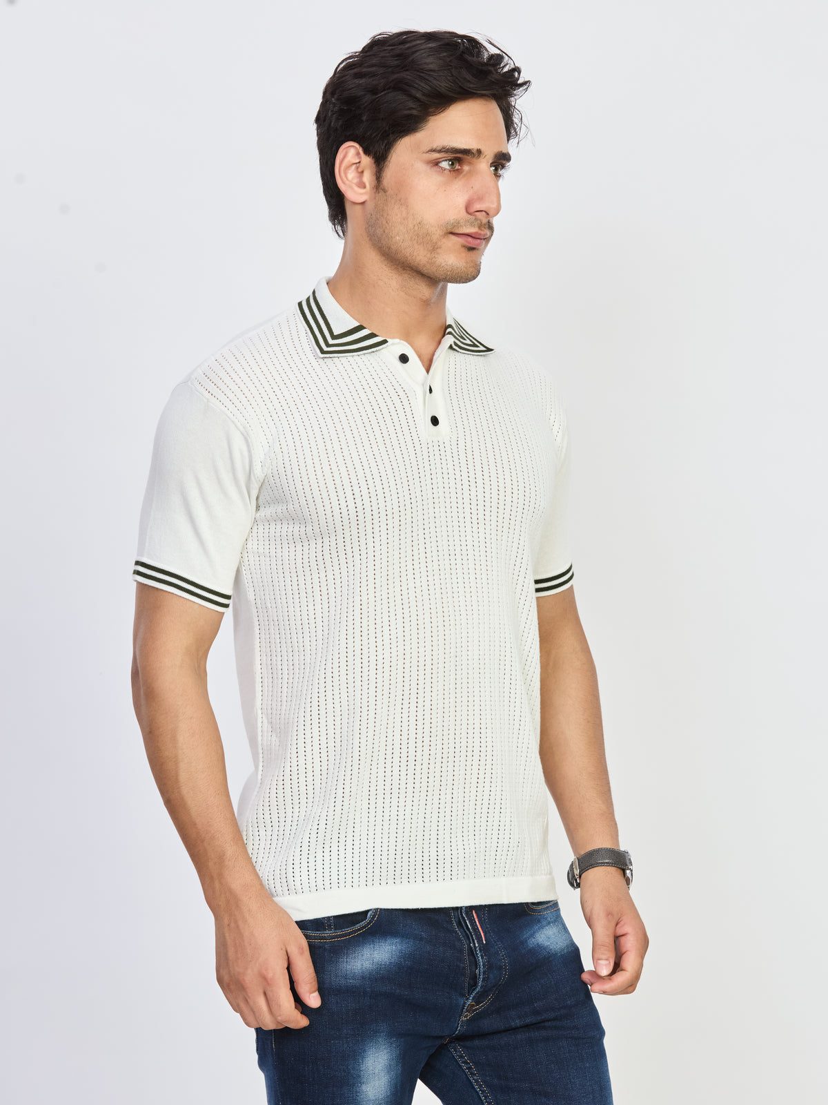 White Textured Knit Polo Neck Half Sleeve T-Shirt