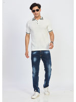White Textured Knit Polo Neck Half Sleeve T-Shirt