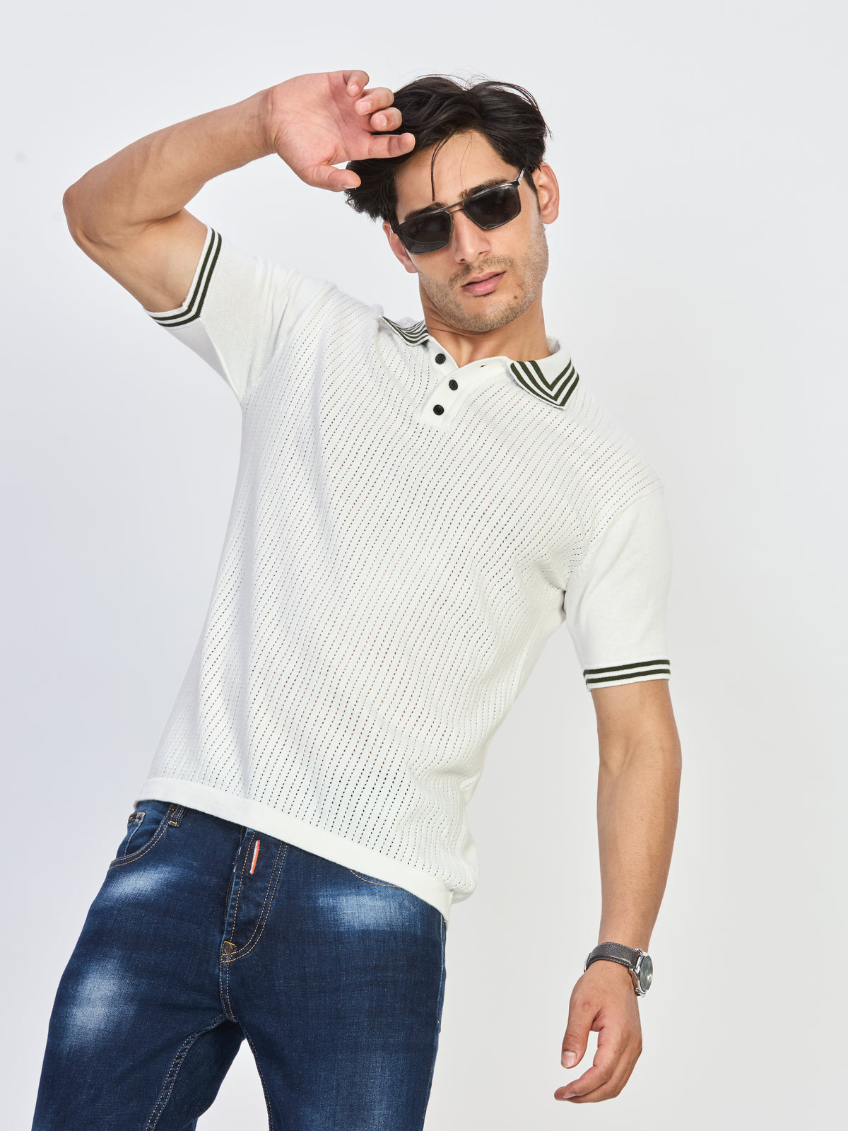 White Textured Knit Polo Neck Half Sleeve T-Shirt