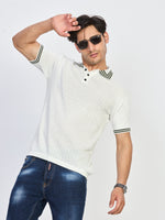 White Textured Knit Polo Neck Half Sleeve T-Shirt