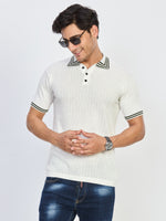 White Textured Knit Polo Neck Half Sleeve T-Shirt