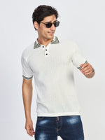 White Textured Knit Polo Neck Half Sleeve T-Shirt