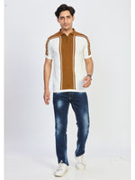 Caramel Brown & Off-White Zip Polo T-Shirt