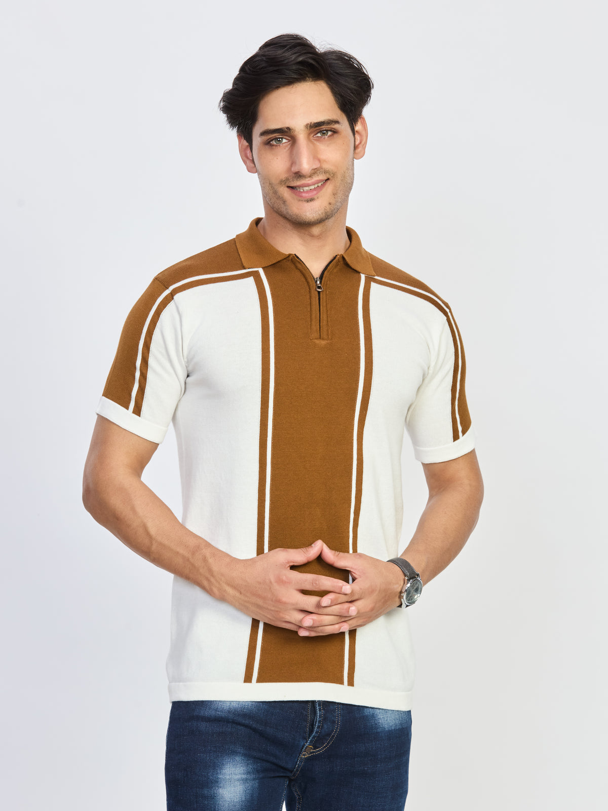 Caramel Brown & Off-White Zip Polo T-Shirt