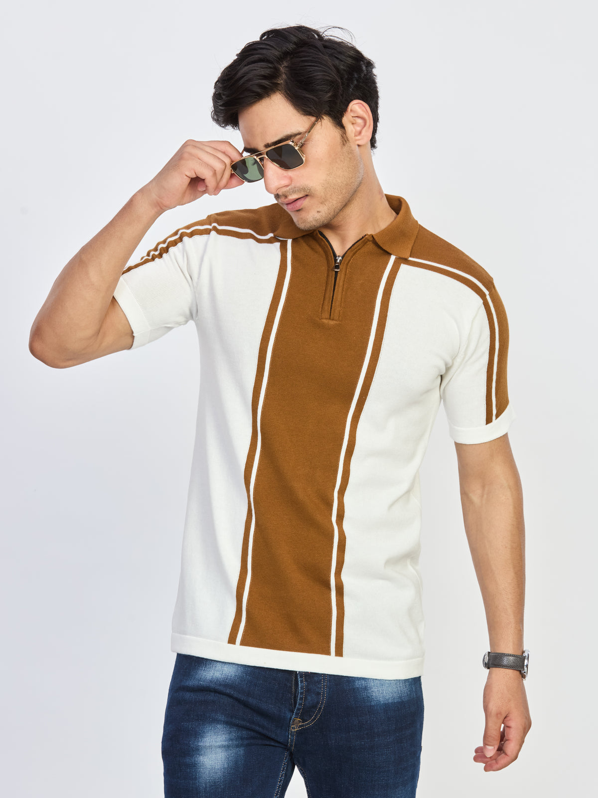 Caramel Brown & Off-White Zip Polo T-Shirt
