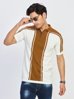 Caramel Brown & Off-White Zip Polo T-Shirt