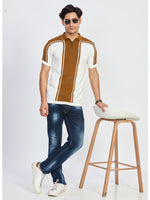 Caramel Brown & Off-White Zip Polo T-Shirt