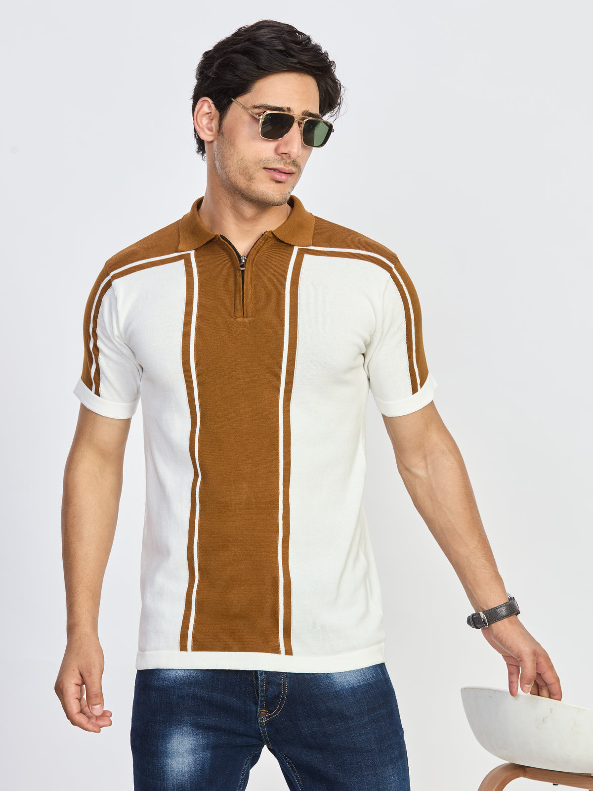 Caramel Brown & Off-White Zip Polo T-Shirt