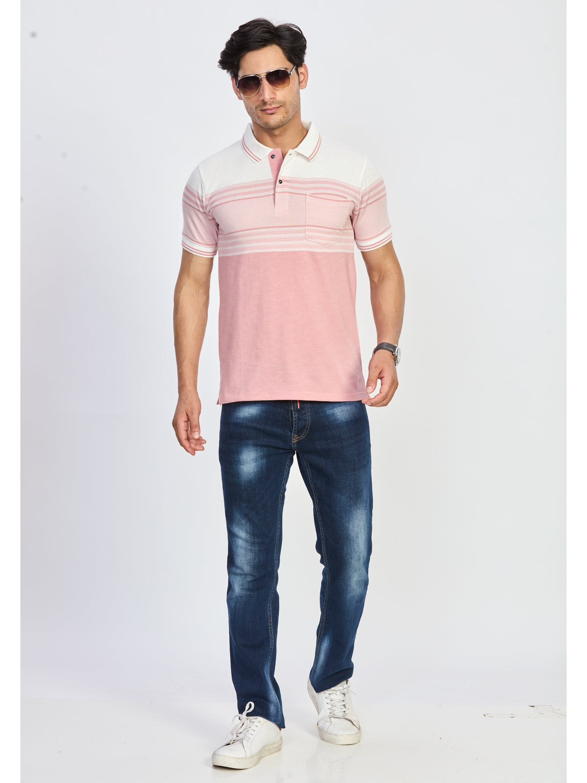 Pink & White Striped Cotton Polo T-Shirt