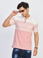 Pink & White Striped Cotton Polo T-Shirt