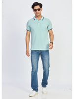 Blue Zigzag Textured Knit Polo T-Shirt