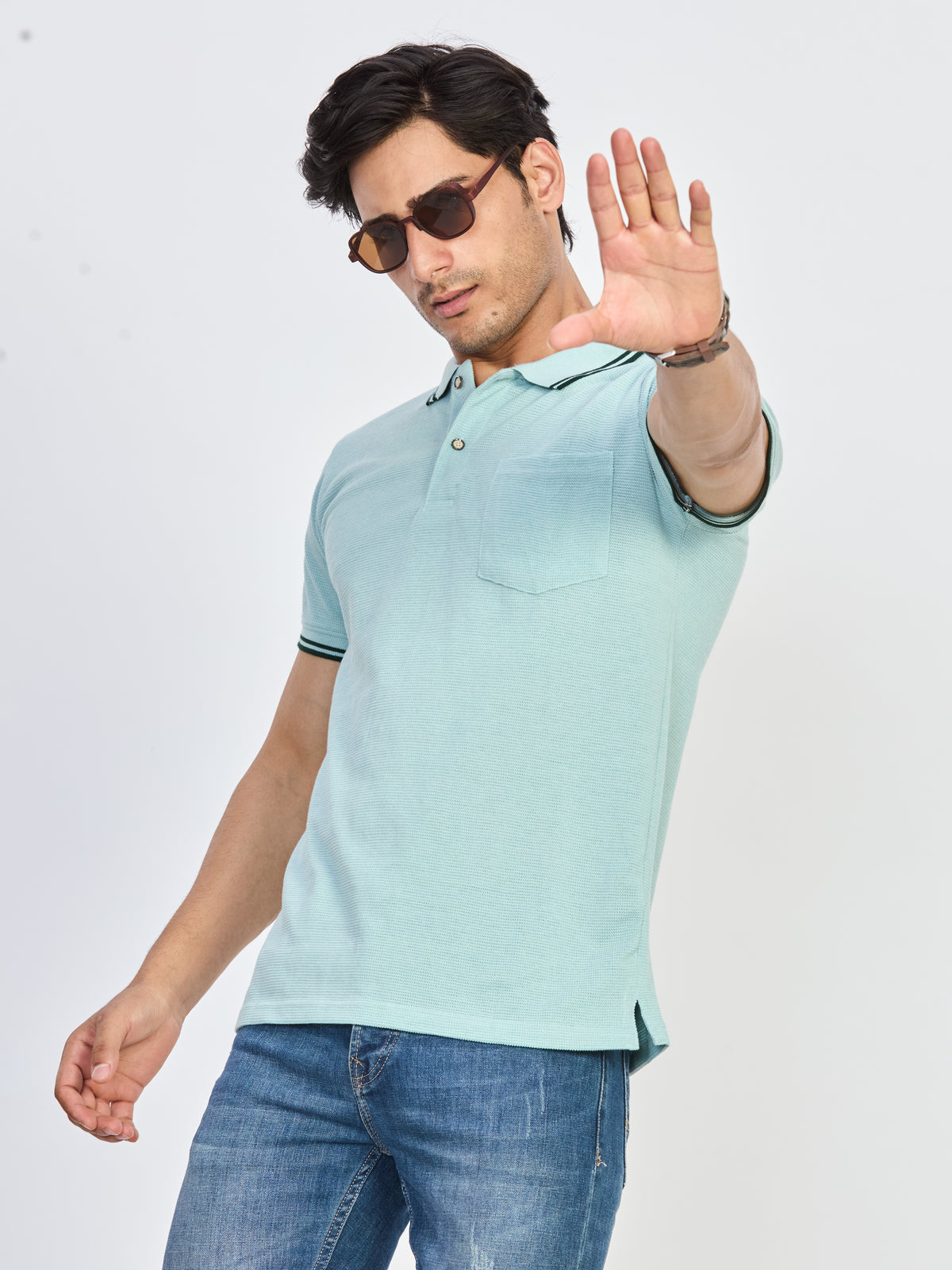 Blue Zigzag Textured Knit Polo T-Shirt