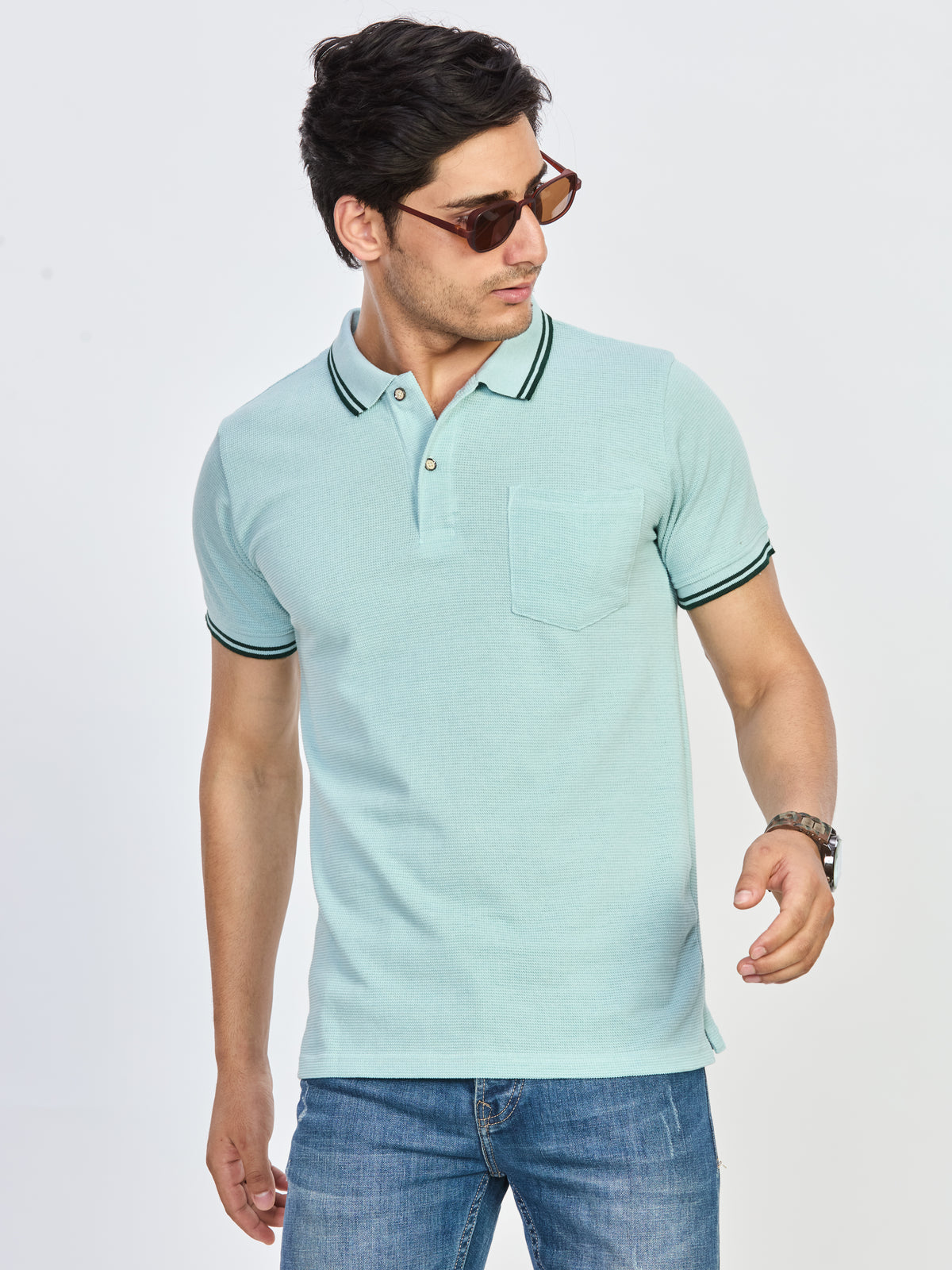 Blue Zigzag Textured Knit Polo T-Shirt