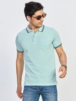 Blue Zigzag Textured Knit Polo T-Shirt