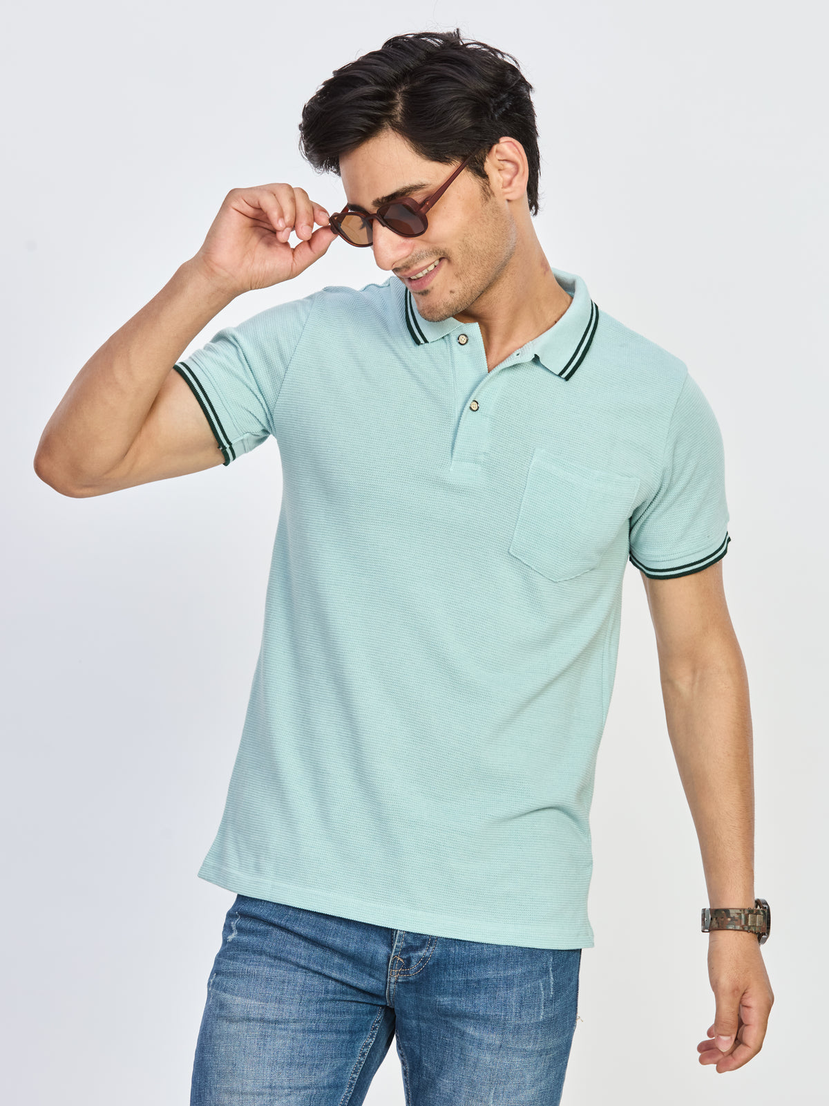 Blue Zigzag Textured Knit Polo T-Shirt