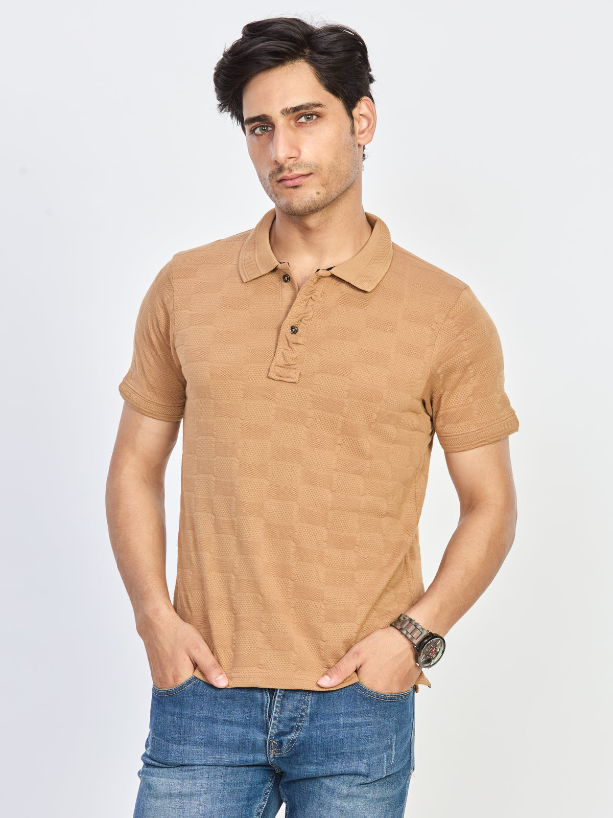 Sand Beige Textured Polo Neck T-Shirt