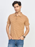 Sand Beige Textured Polo Neck T-Shirt
