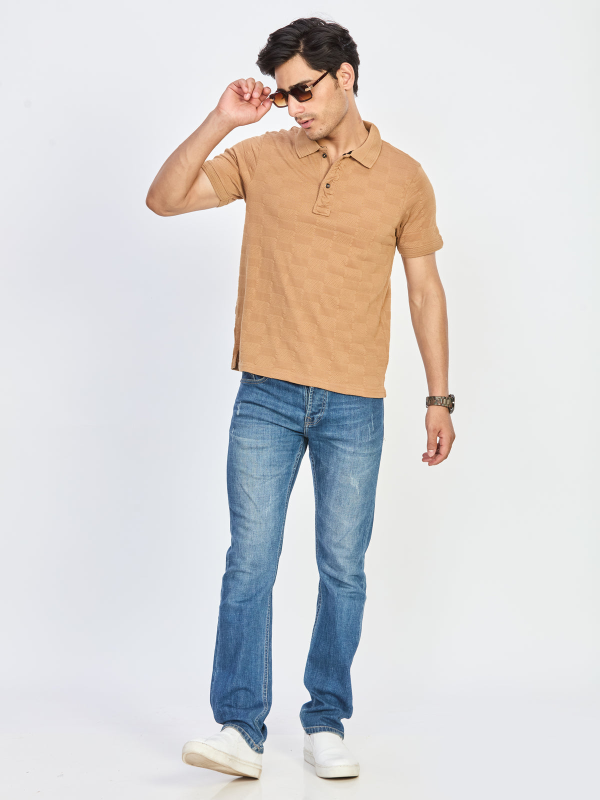 Sand Beige Textured Polo Neck T-Shirt