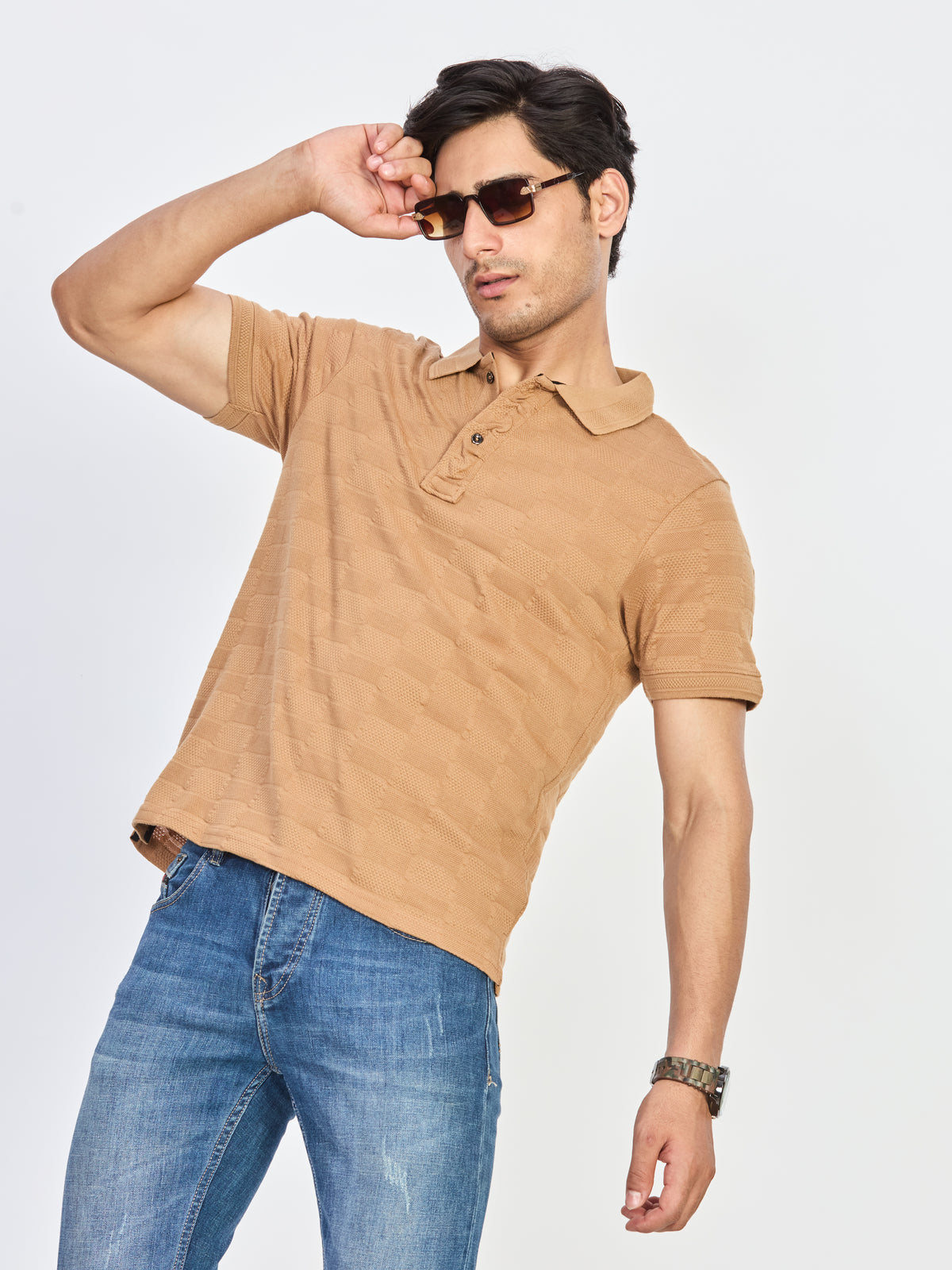 Sand Beige Textured Polo Neck T-Shirt