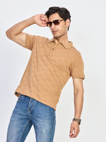 Sand Beige Textured Polo Neck T-Shirt