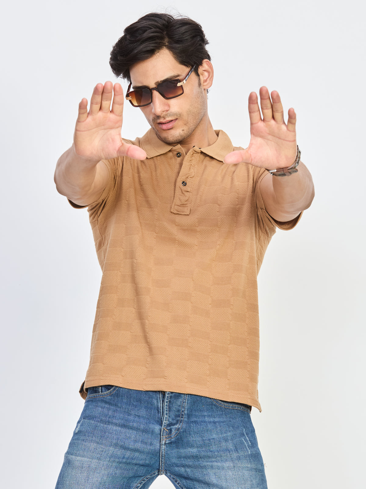 Sand Beige Textured Polo Neck T-Shirt