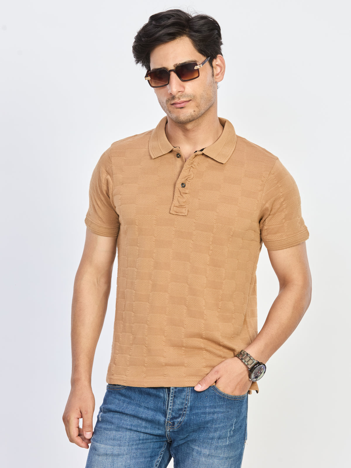 Sand Beige Textured Polo Neck T-Shirt
