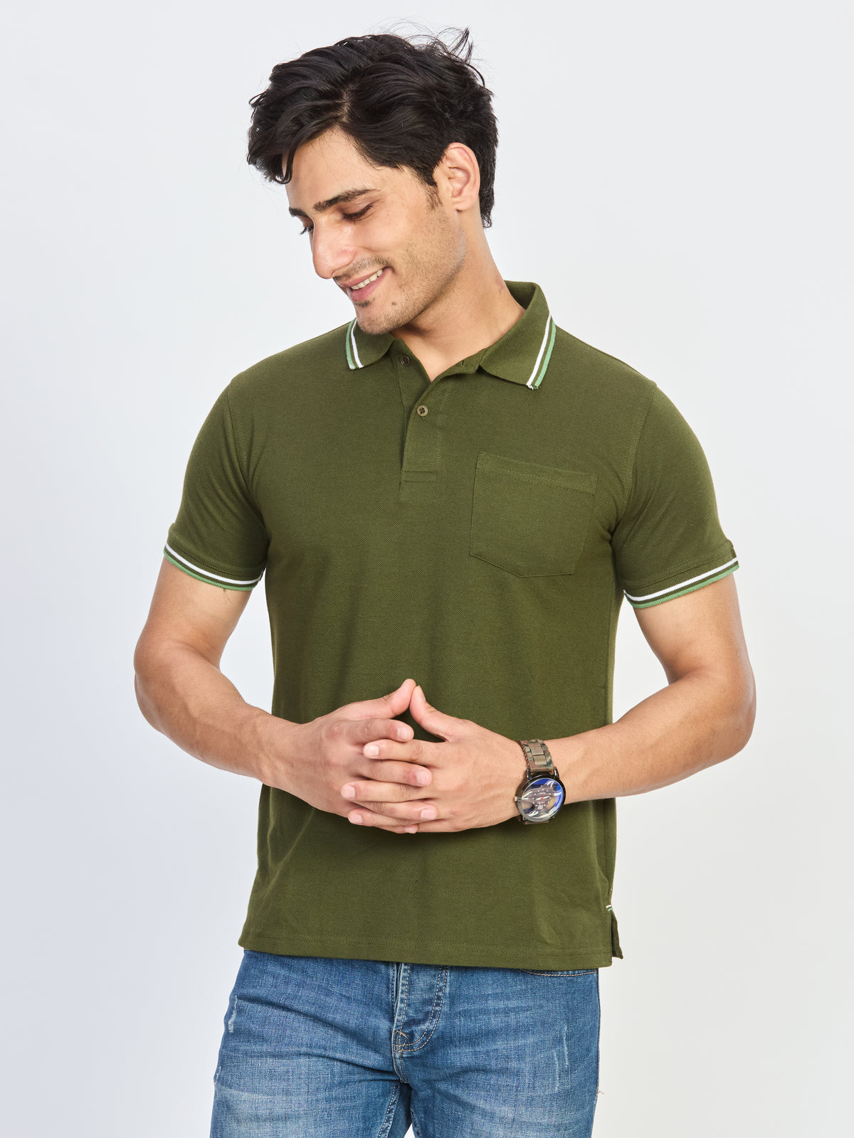 Olive Polo Neck T-shirt With Pocket