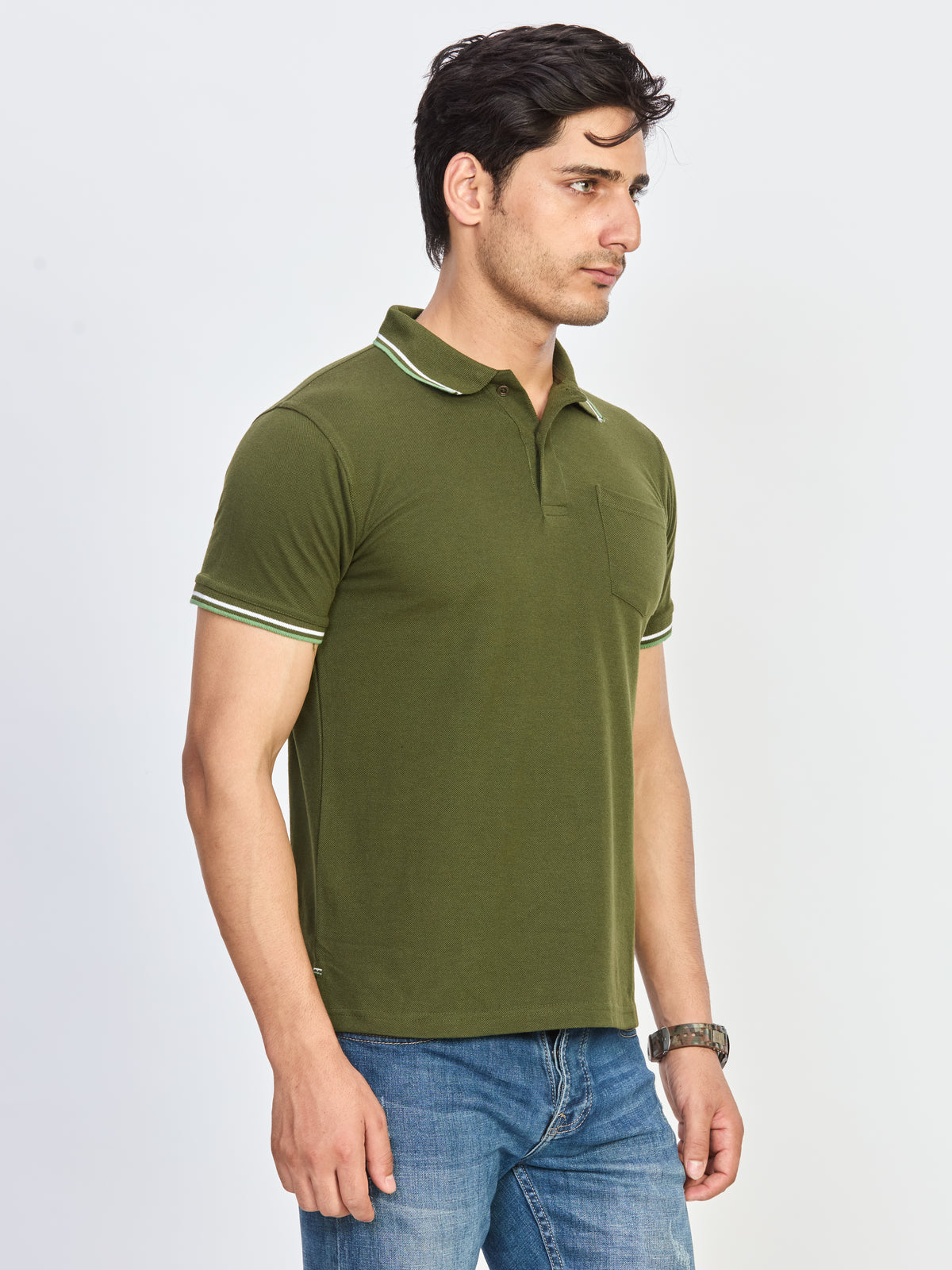 Olive Polo Neck T-shirt With Pocket
