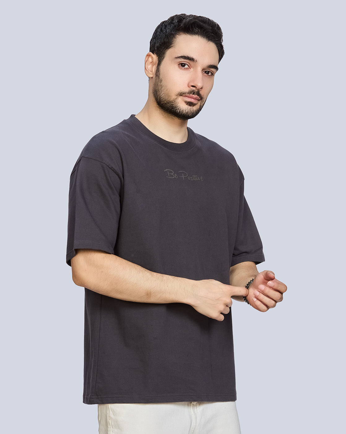 Dark GreyRound Neck Drop Shoulder Cotton T-Shirt