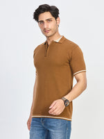 Camel Brown Textured Zip Polo T-Shirt