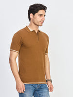 Camel Brown Textured Zip Polo T-Shirt