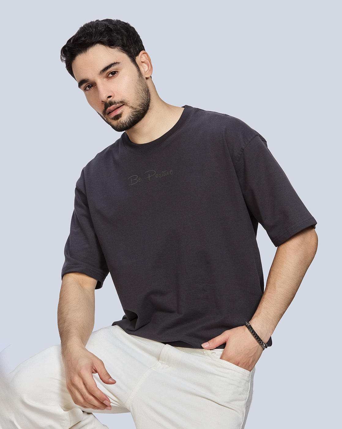 Dark GreyRound Neck Drop Shoulder Cotton T-Shirt