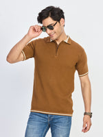 Camel Brown Textured Zip Polo T-Shirt